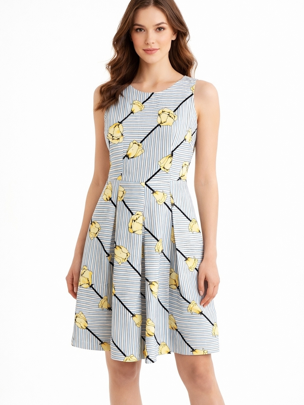 Talbots Blue Stripe Floral Fit-and-Flare Mini Dress with Yellow Blooms